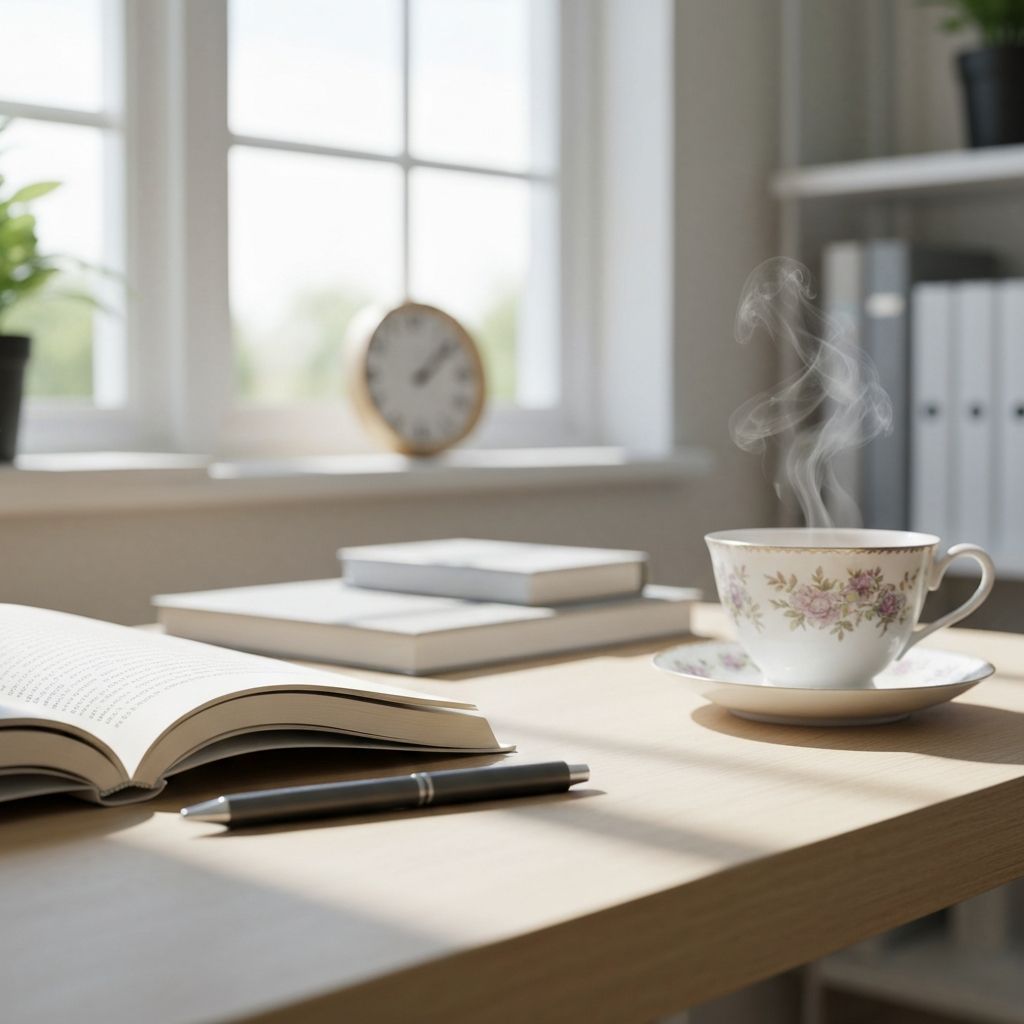 Mesa de leitura com caderno aberto, caneta, uma chávena de chá e luz natural suave de janela, representando um ambiente tranquilo e reflexivo de estudo e aprendizagem