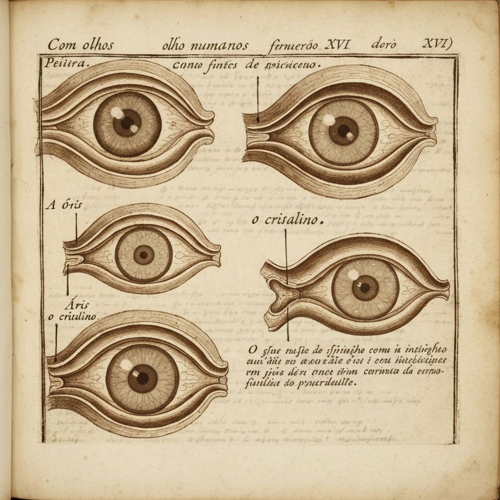 Fragmento de manuscrito histórico com ilustrações anatómicas antigas de olhos humanos e anotações manuscritas em latim, sobre papel envelhecido com textura visível