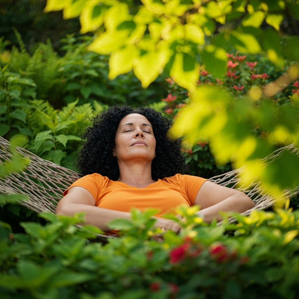 Pessoa deitada numa espreguiçadeira em jardim tranquilo, com olhos fechados a descansar ao sol suave da tarde, rodeada por vegetação verde e luz dourada filtrada pelas folhas