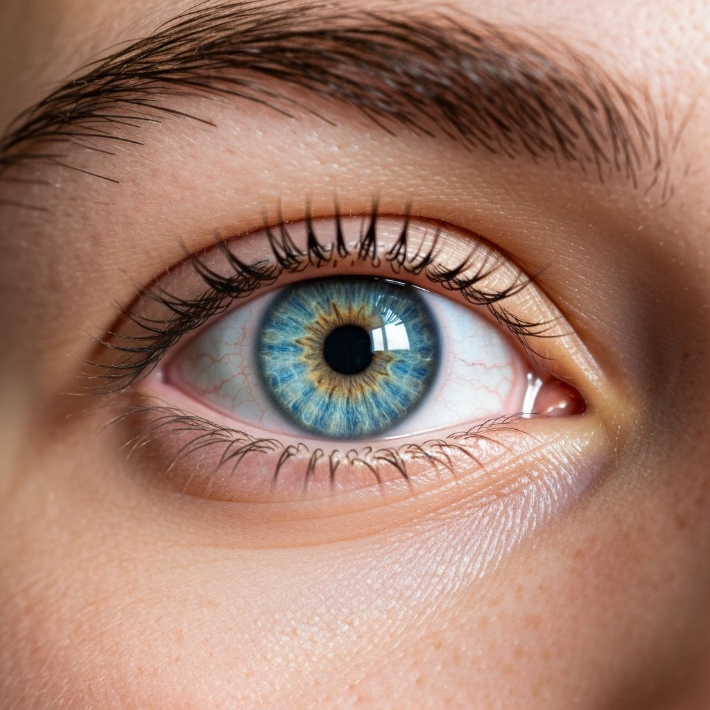 Vista de perto de um olho humano saudável com íris de cor azul-acinzentada, em fundo neutro e iluminação difusa suave