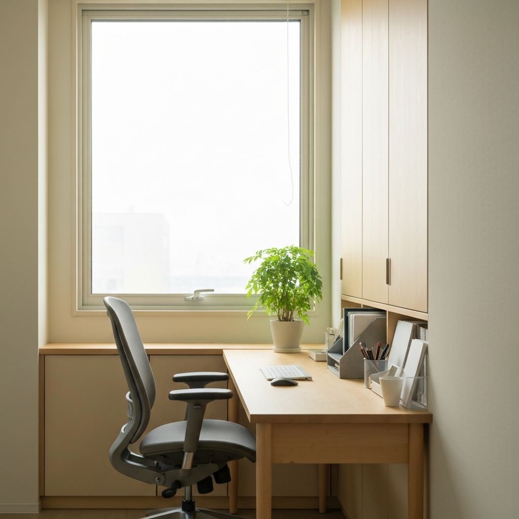 Espaço de trabalho minimalista e organizado com secretária de madeira clara, cadeira ergonómica, luz natural suave vinda de janela lateral e planta verde ao fundo
