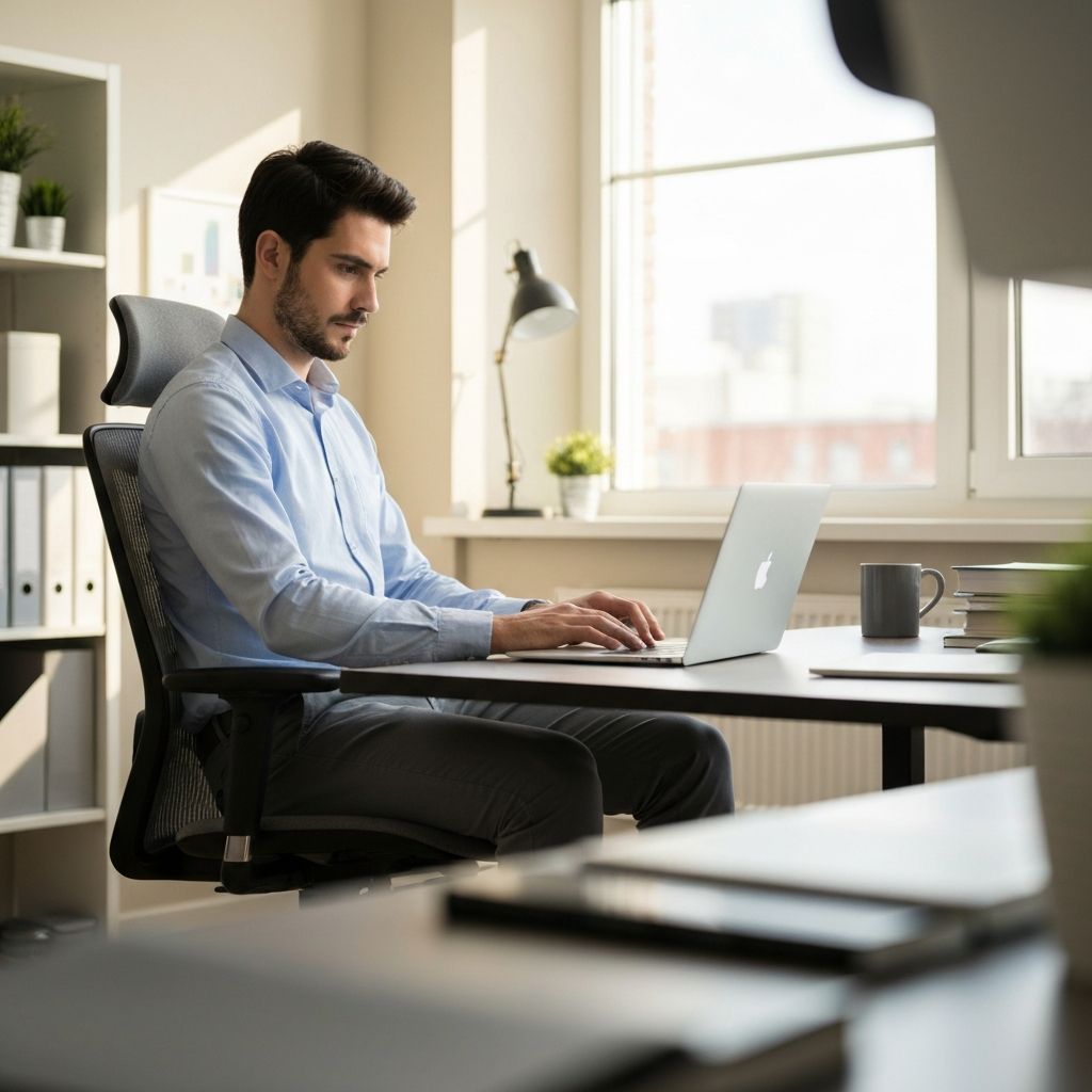Jovem profissional a trabalhar num computador portátil numa mesa iluminada por luz natural, com postura atenta mas relaxada, em ambiente de escritório moderno e organizado