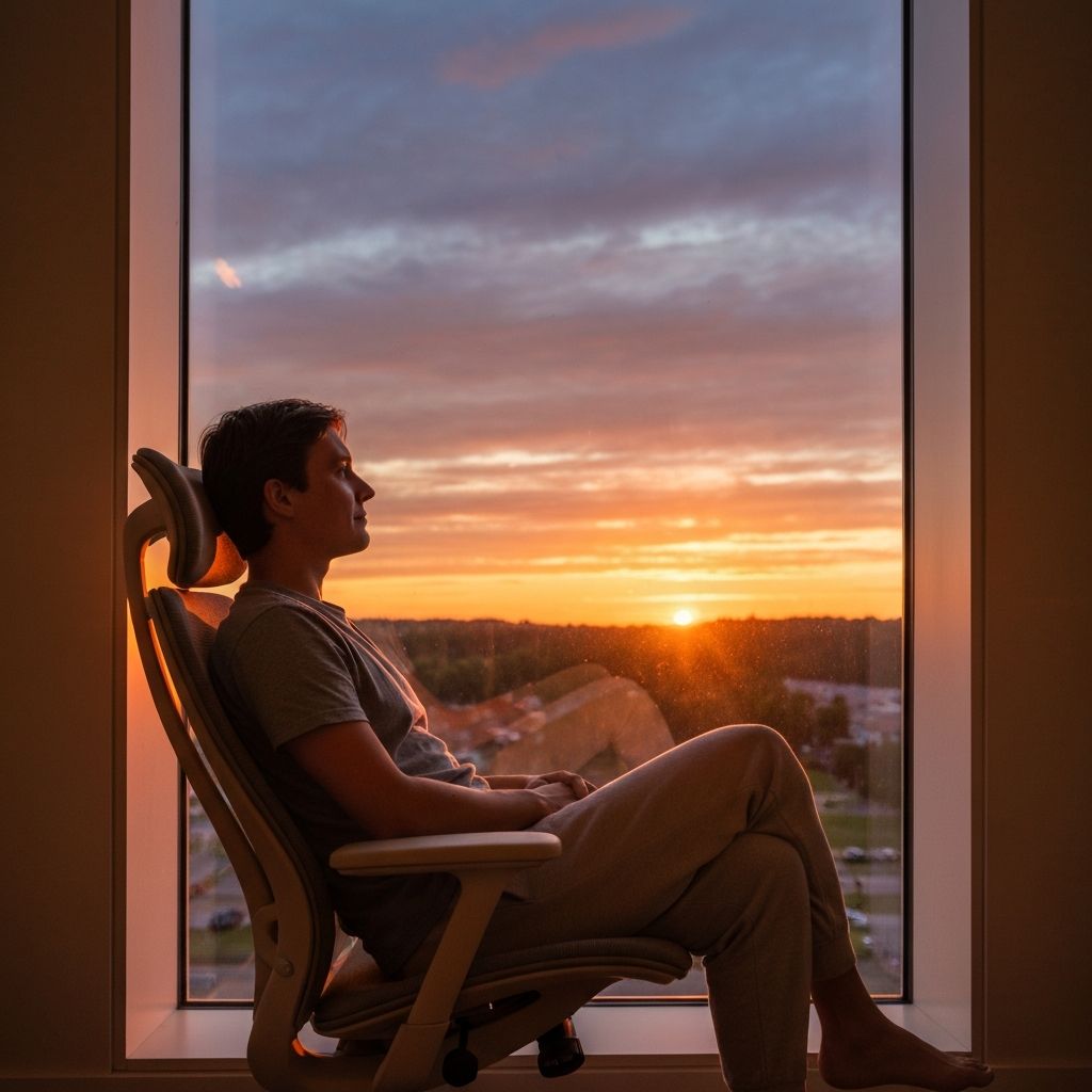 Pessoa em postura relaxada numa cadeira ergonómica ao pôr do sol, olhando serenamente para a janela com luz natural suave a iluminar o rosto