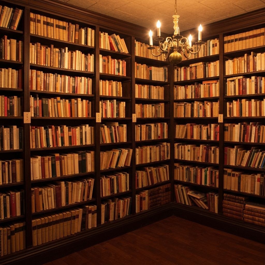 Antiga biblioteca com estantes altas de madeira escura repletas de livros encadernados em couro, iluminada por luz amarelada de candeeiros antigos, evocando erudição histórica